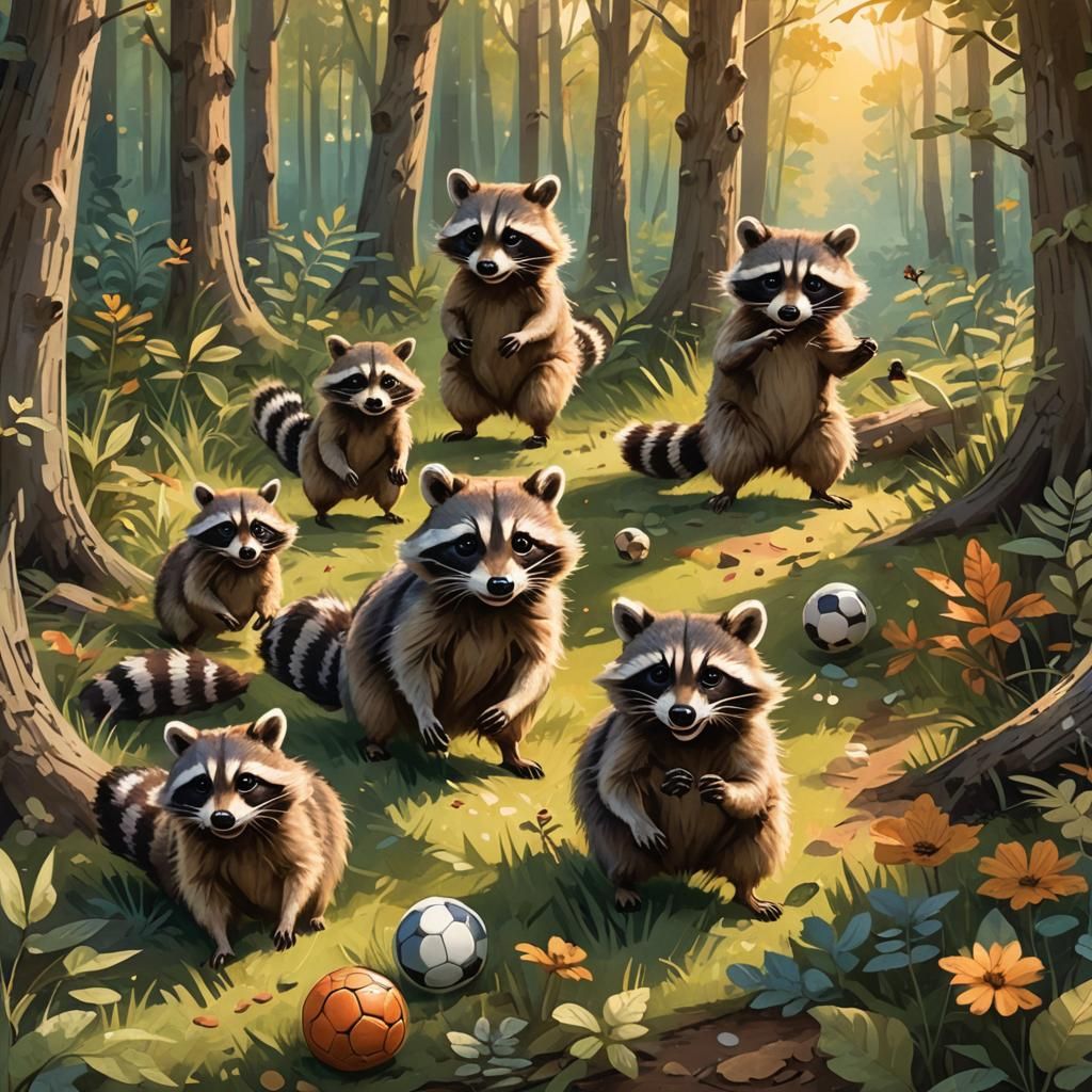Raccoons Playing Soccer in Whimsical Illustration