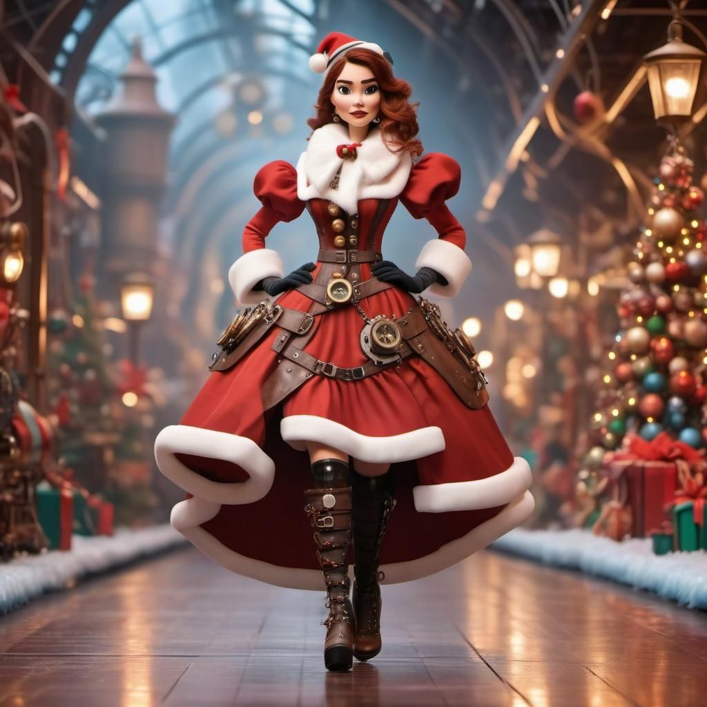 Disney Pixar style 3D characters woman wearing Santa style dresses, modeling on the runway, steampunk style, Christmas d...