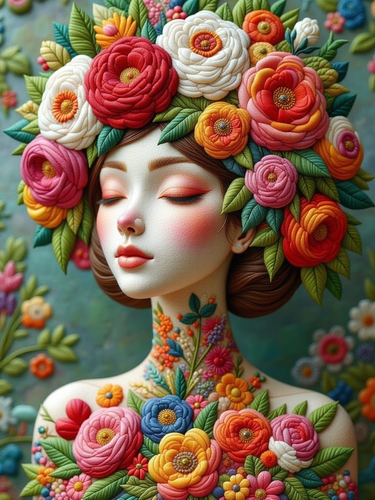 Surreal Floral Embroidery Art in Vibrant Colors and Intricat...