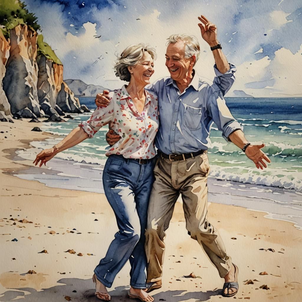 Joyous Couple Dancing on Beach in Watercolor