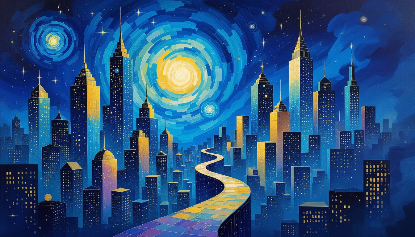 Cosmic City of Constellations: Vibrant Impasto Oil Painting