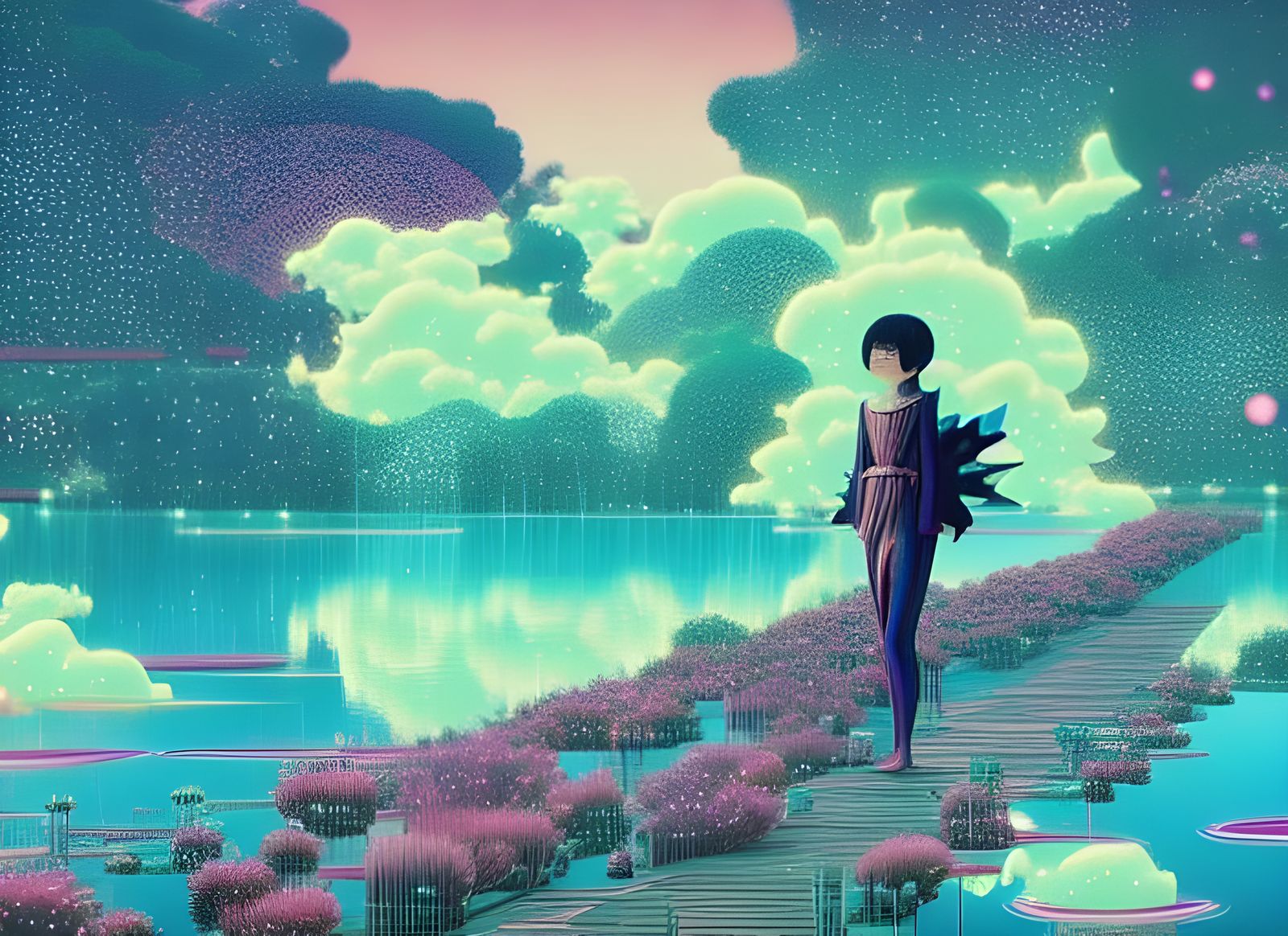 Surreal Lake Scene with Magical Creatures