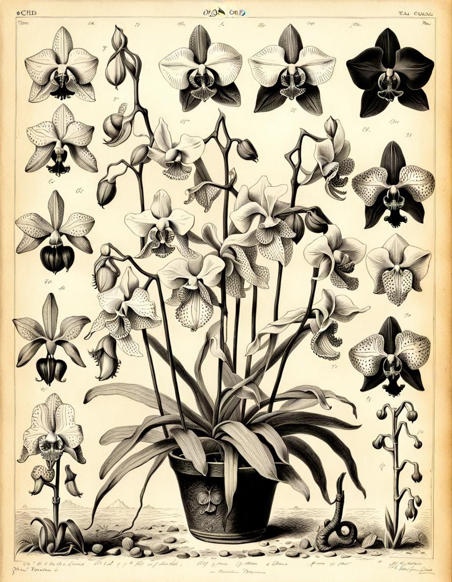 Botanical Guide Page of Orchid Ink Drawings