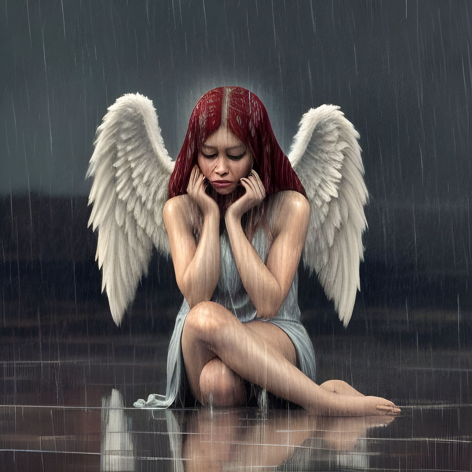 Sad Angel Girl in the Rain
