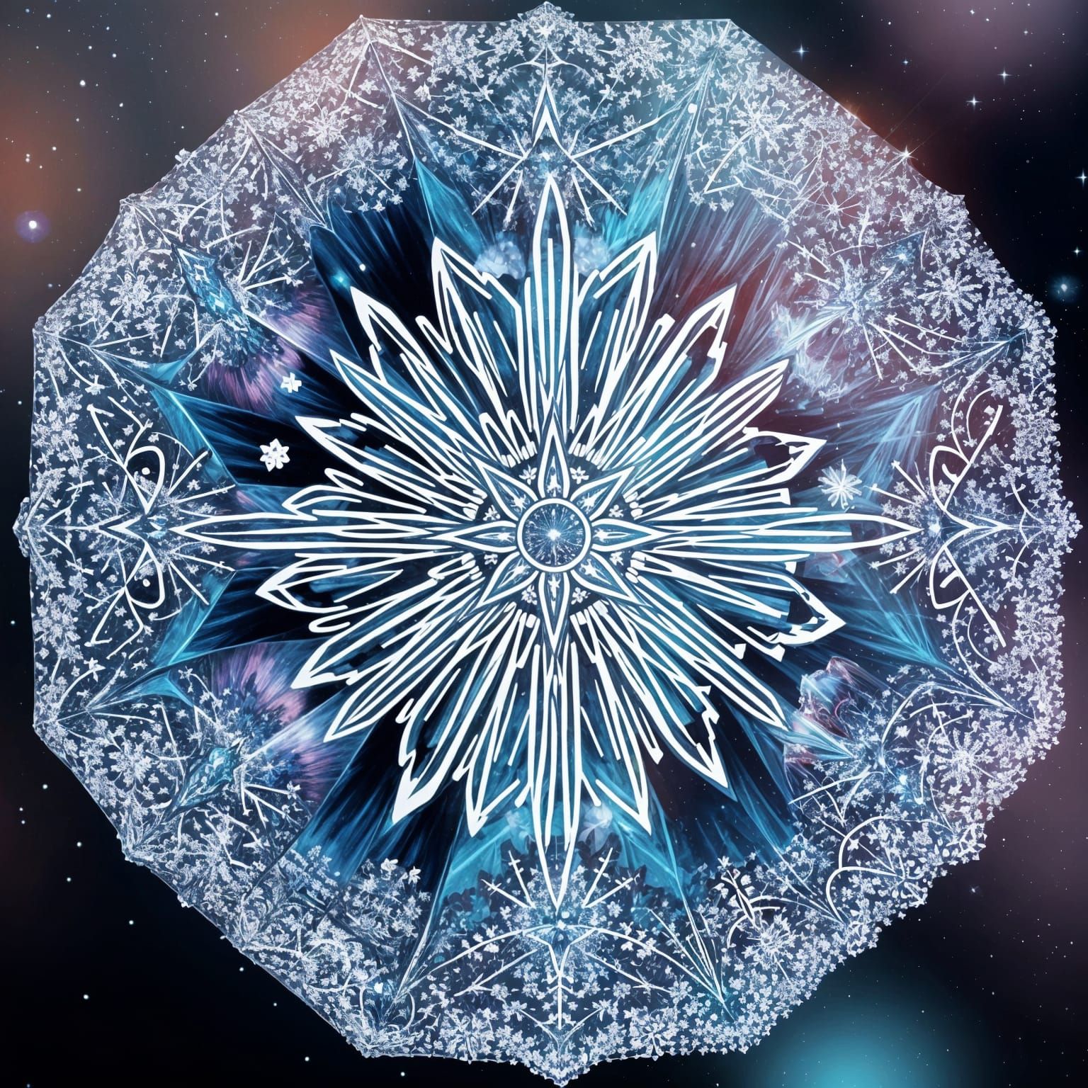 Cosmic Snowflake Mandala in Kaleidoscope Colors
