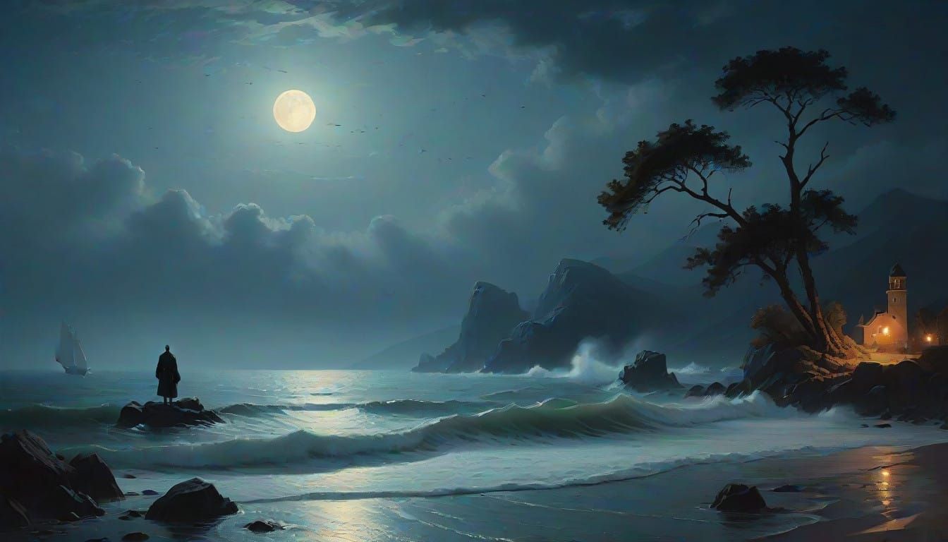 Moonlit Seaside Elegy in Dreamy Landscape Style
