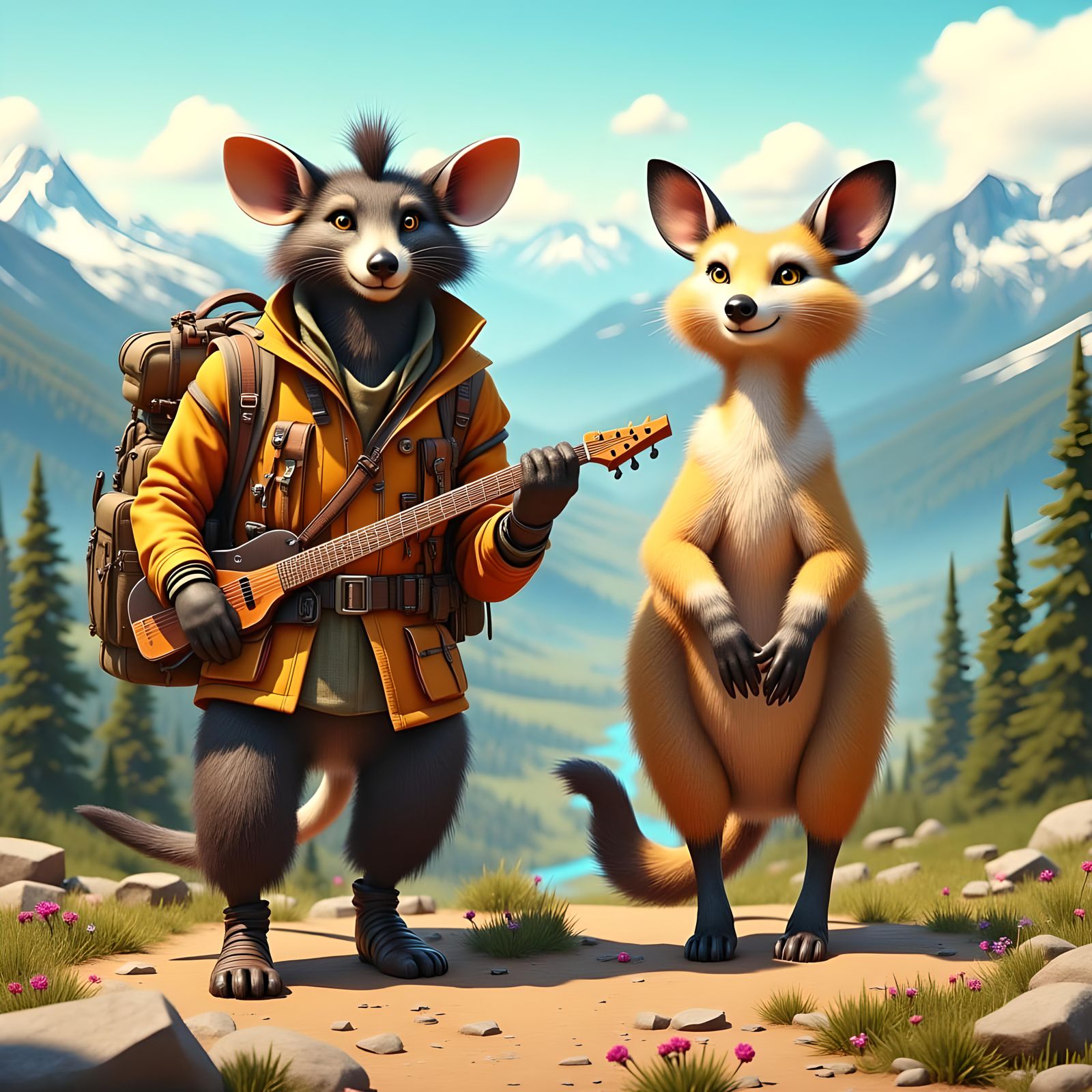Cartoon Pals' Mountain Adventure in Punk-Pop Style
