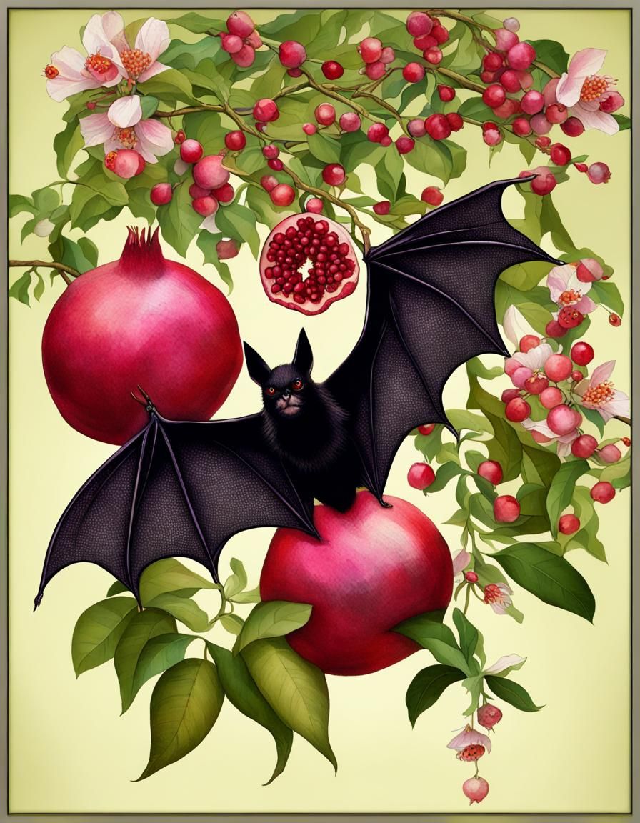 Bat Amidst Jeweled Pomegranates and Flowers