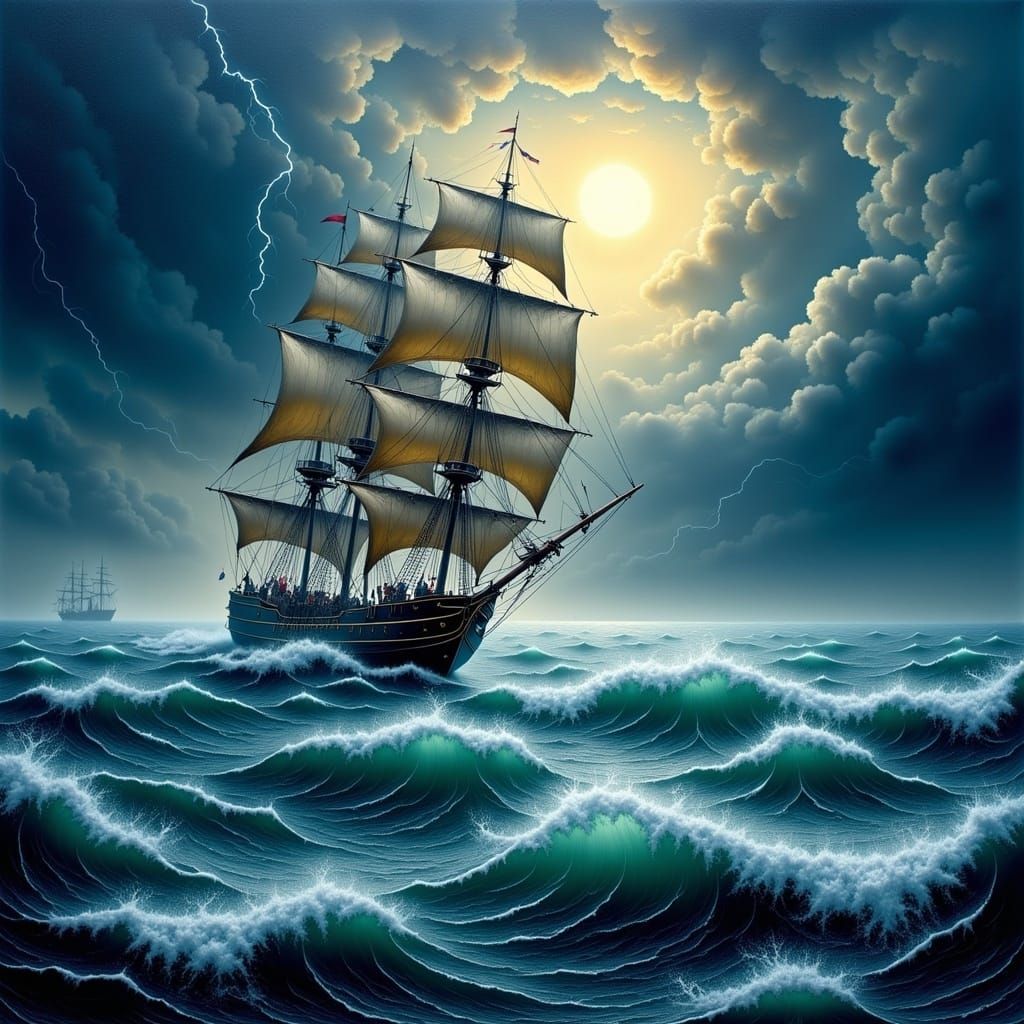 Frigate Ship Navigates a Raging Storm