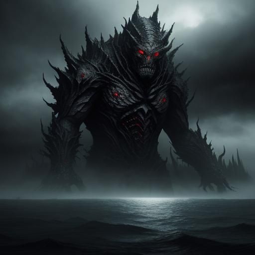 Epic Kaiju Rising from Misty Ocean in Gothic Style