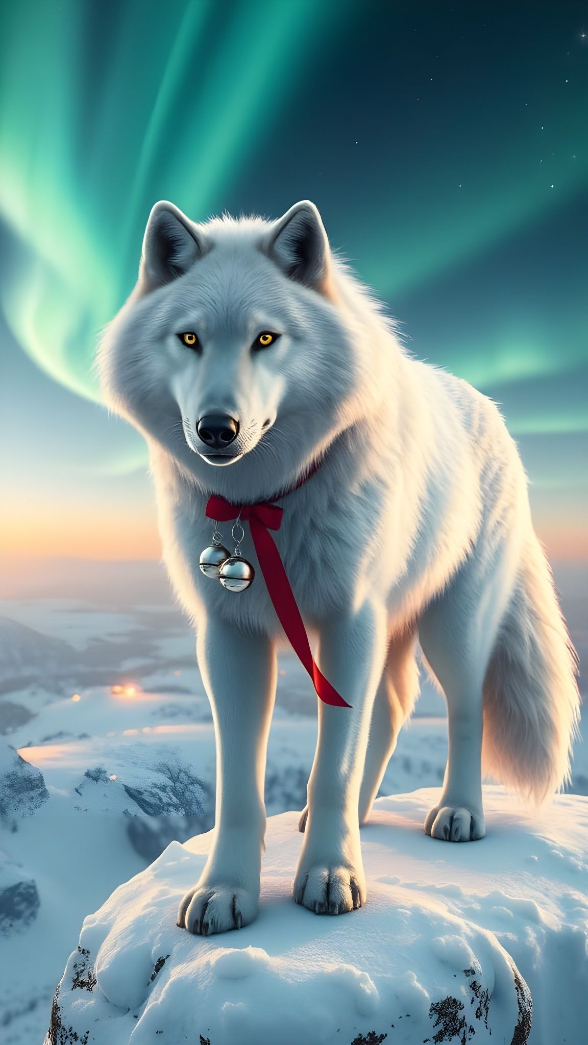 Majestic Arctic Wolf Under the Northern Lights in Festive Hu...