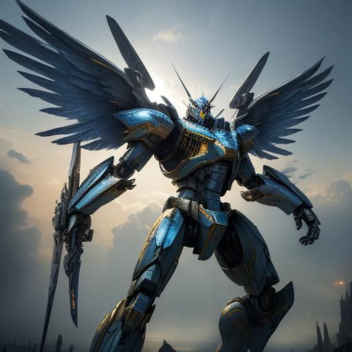 Mecha Warrior Soaring Through the Sky in Armor
