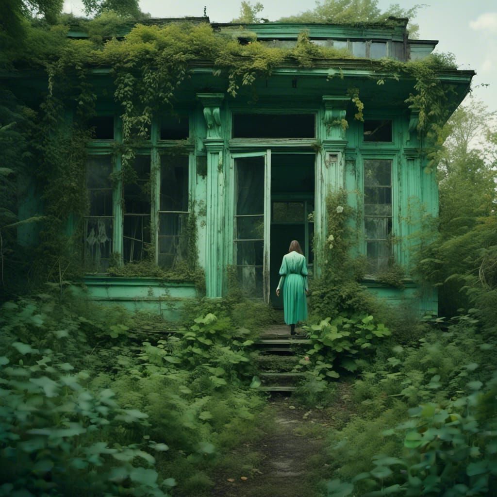 Overgrown Greenhouse with Woman in Dark Glam Style