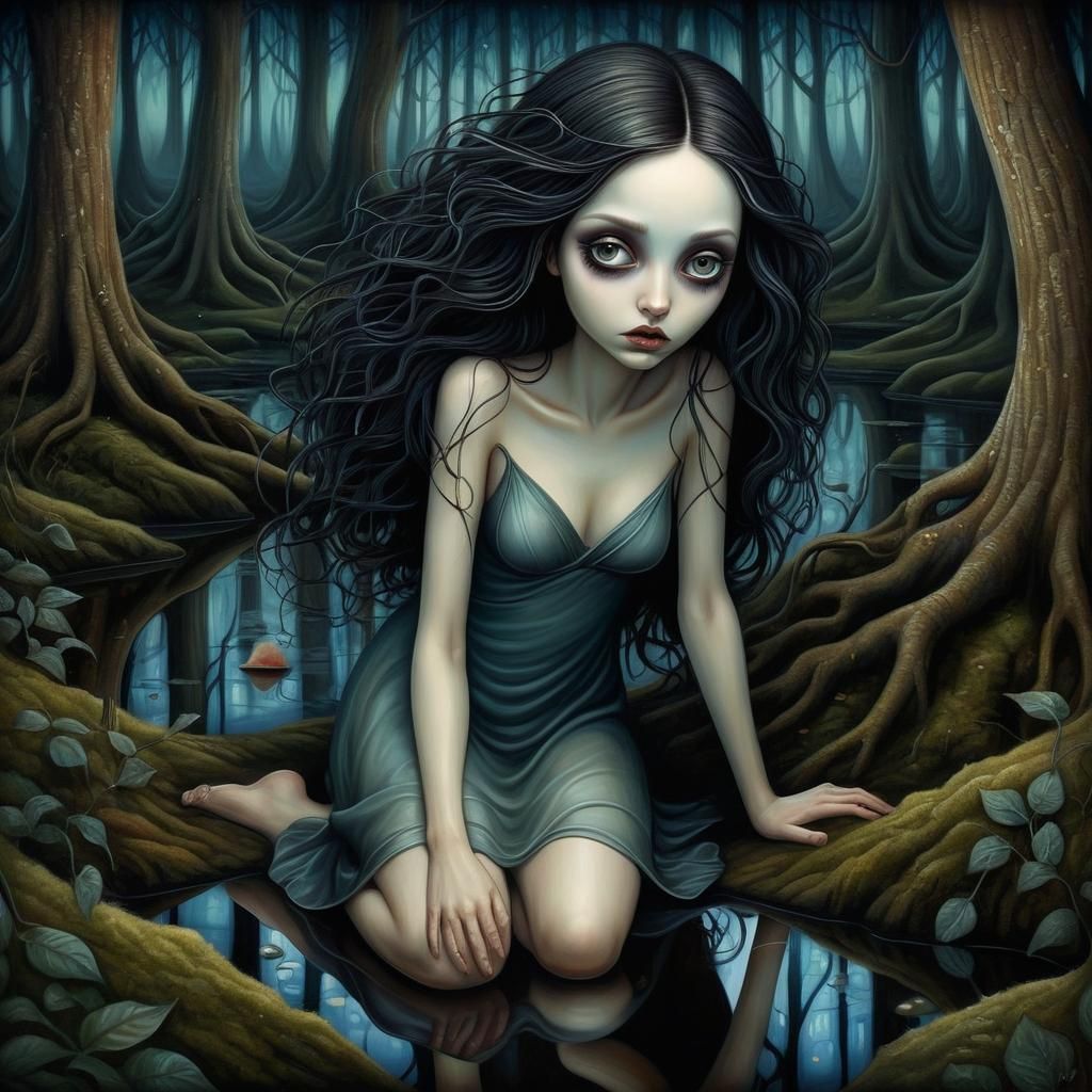 Mystical Woman Emerges from Shadowy Forest, Lacombe Style