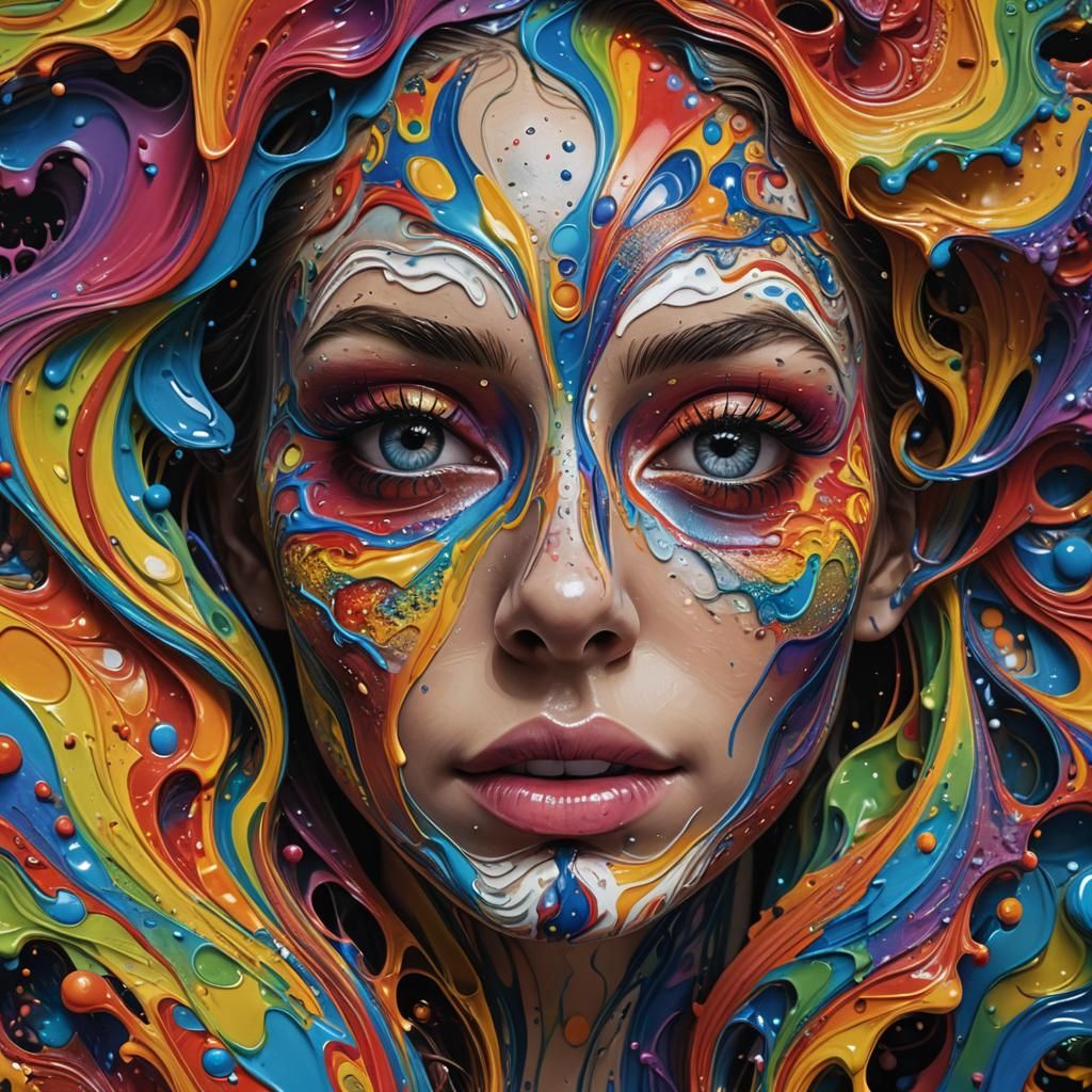 Rainbow Paint Pouring Art Portrait in 3D