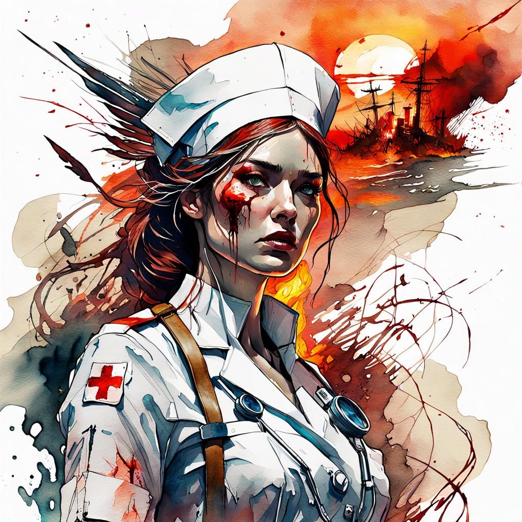 World War II Nurse in Bloody Watercolor Battle