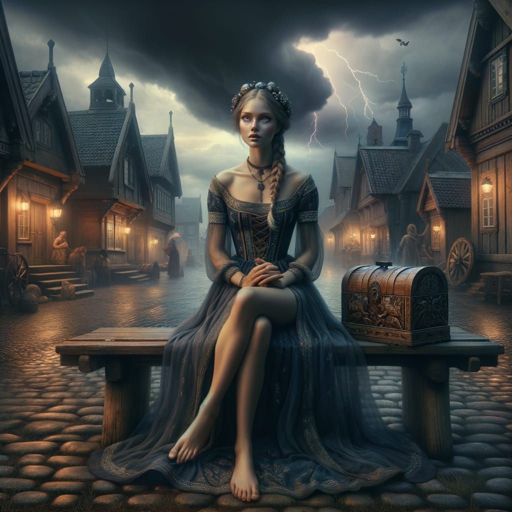 Norse Goddess Waits for Storm on Village Bench
