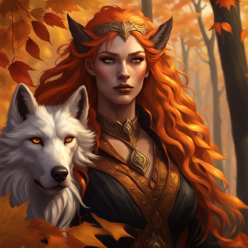 Eladrin Fae Autumn Druid with Dire Wolf