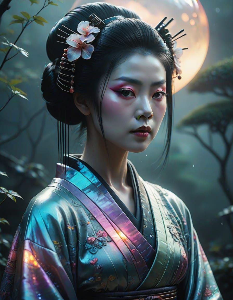 Mystical Geisha in Shimmering Glass Kimono in Foggy Garden