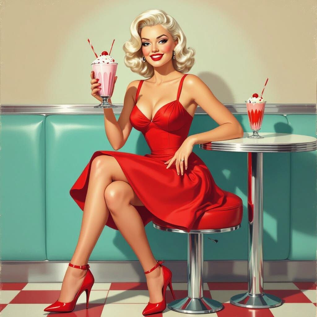 1950s Pin-Up Girl with Platinum Hair in Retro Diner