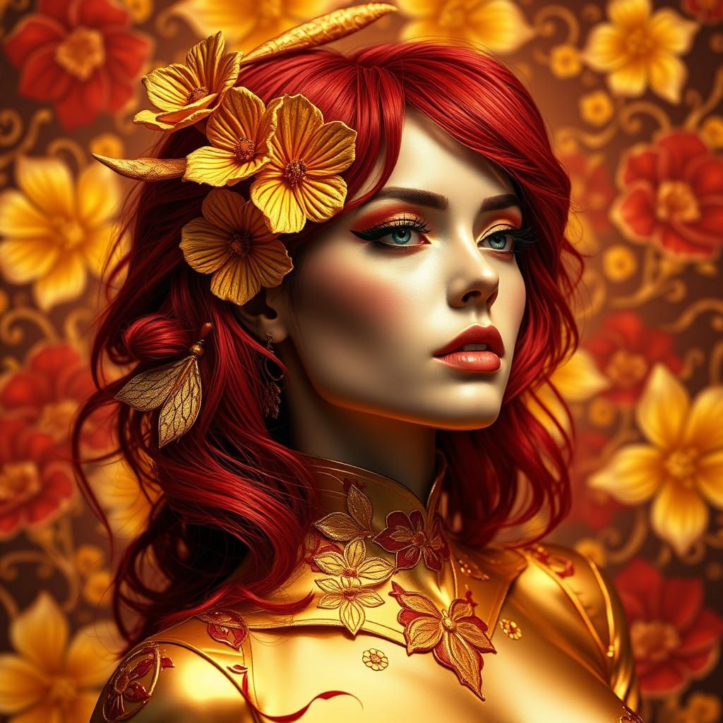 Crimson and Gold Woman in Escher Style Architecture