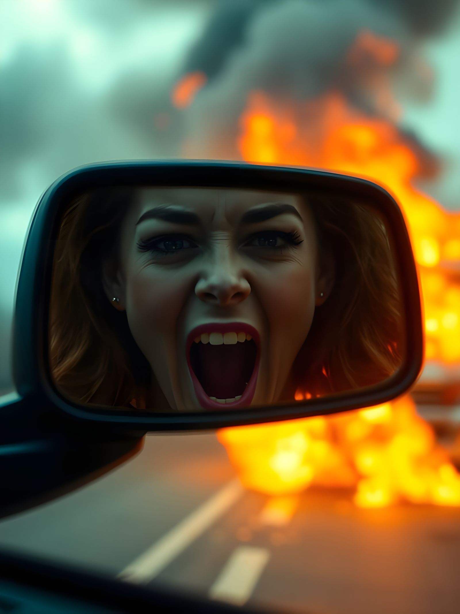 Woman's Face in Mirror Reflecting Truck Crash