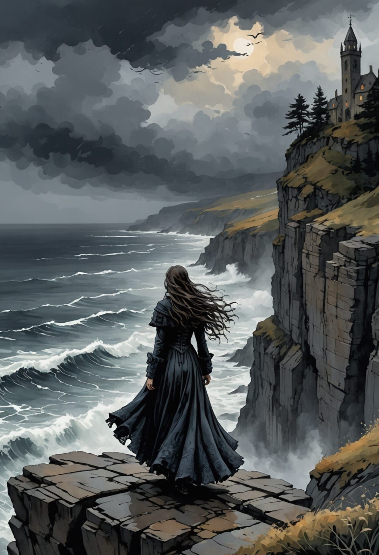Gothic Watercolor Figure on Stormy Cliff