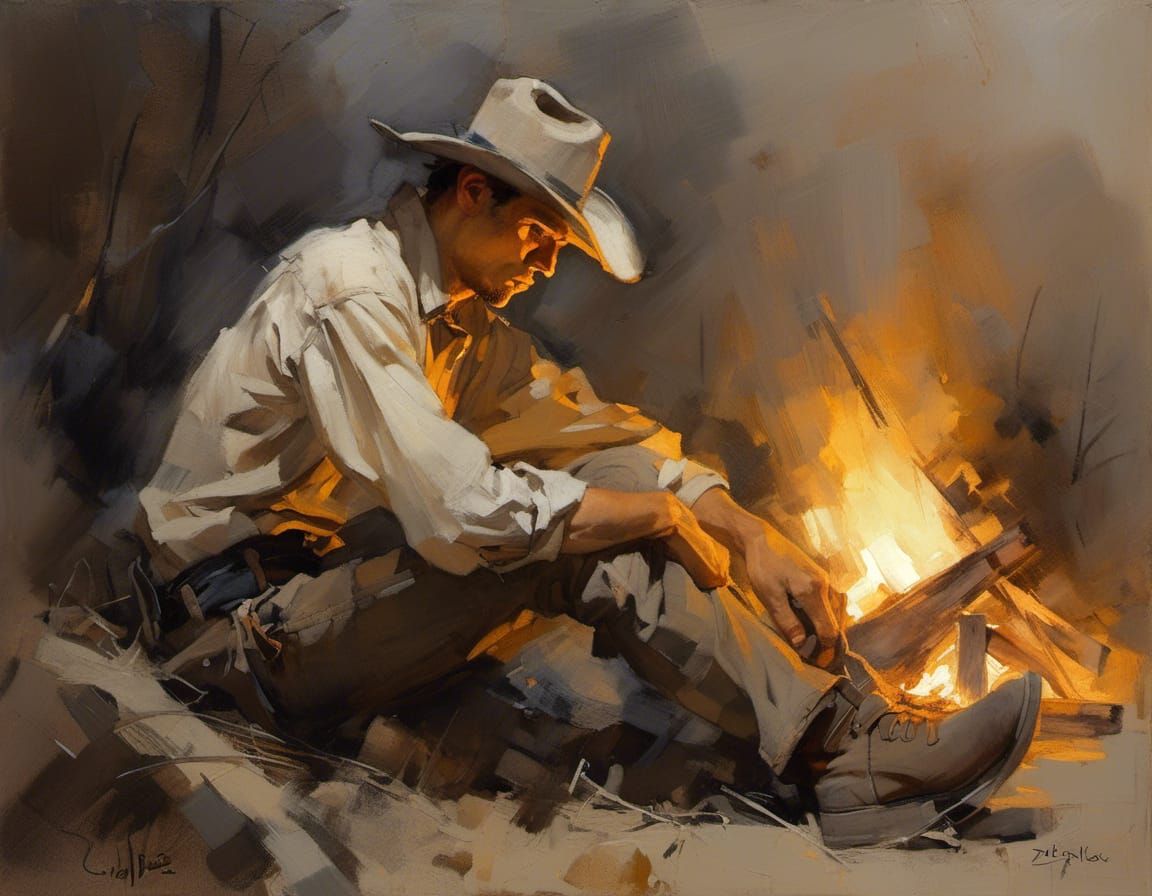 Cowboy Campfire at Night in Chiaroscuro Style