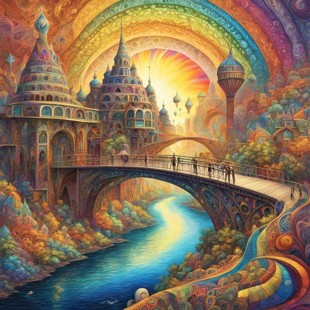 Vibrant Digital Art: Dreamlike Zentangle Bridges in Multicol...