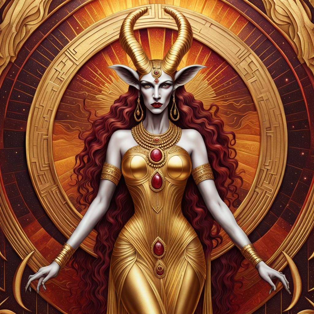 Art Deco Golden Baphomet Goddess in Sunrise