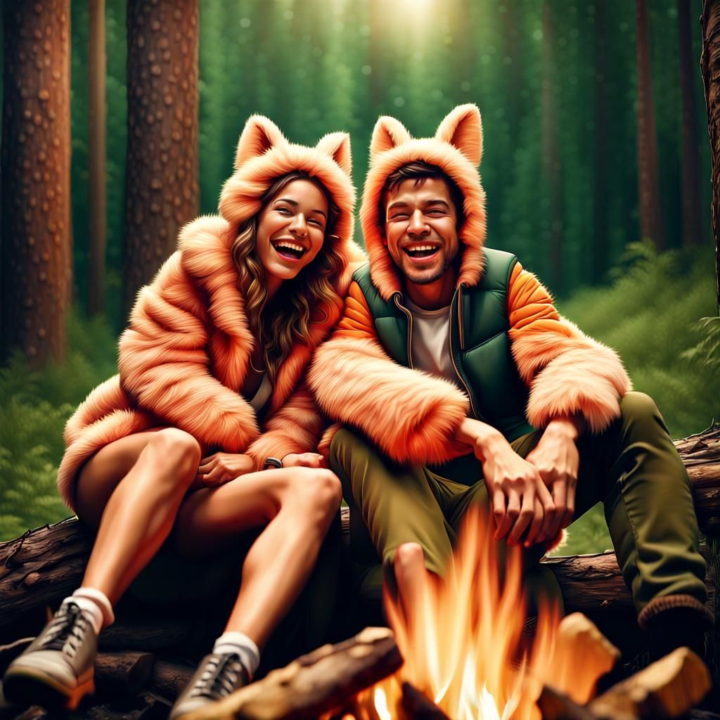 Laughing Youths in Furry Costumes by Campfire