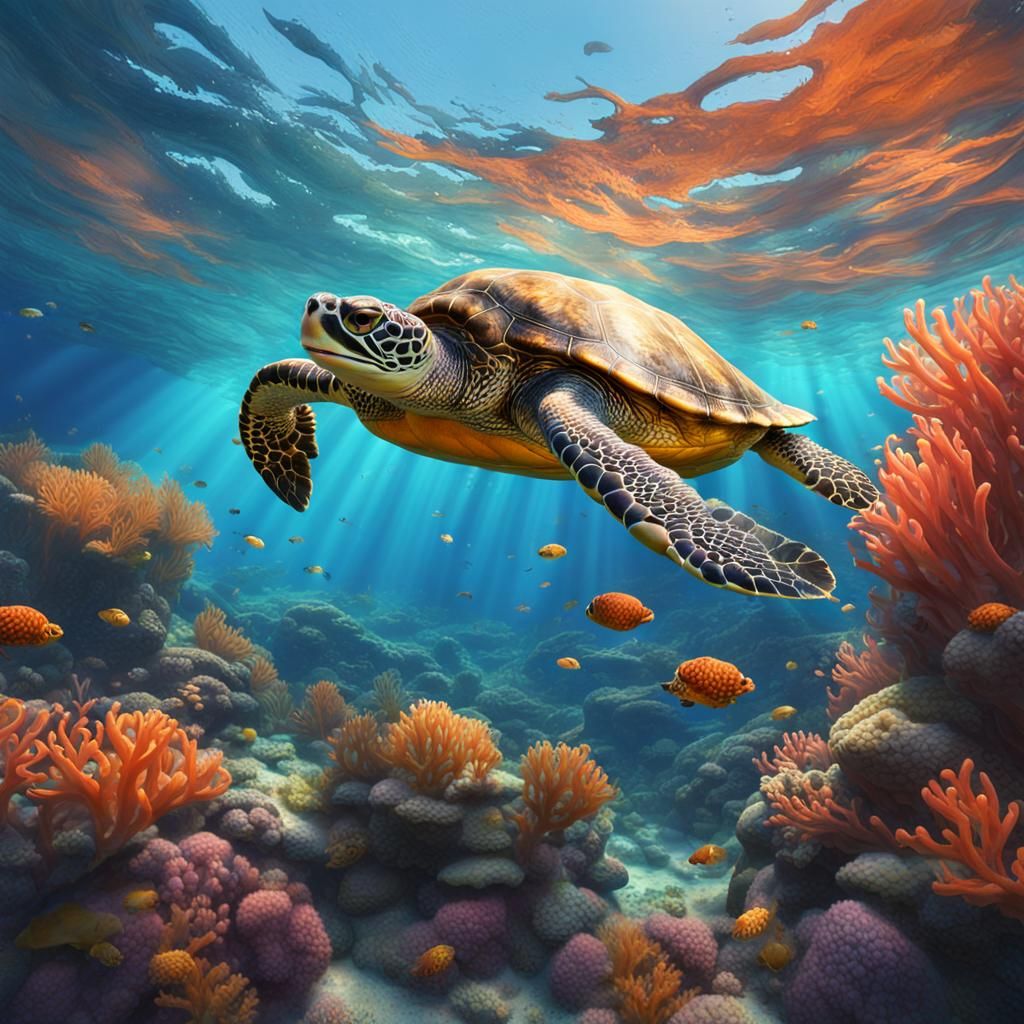 Turtle Swimming in Sunlight Coral Reef