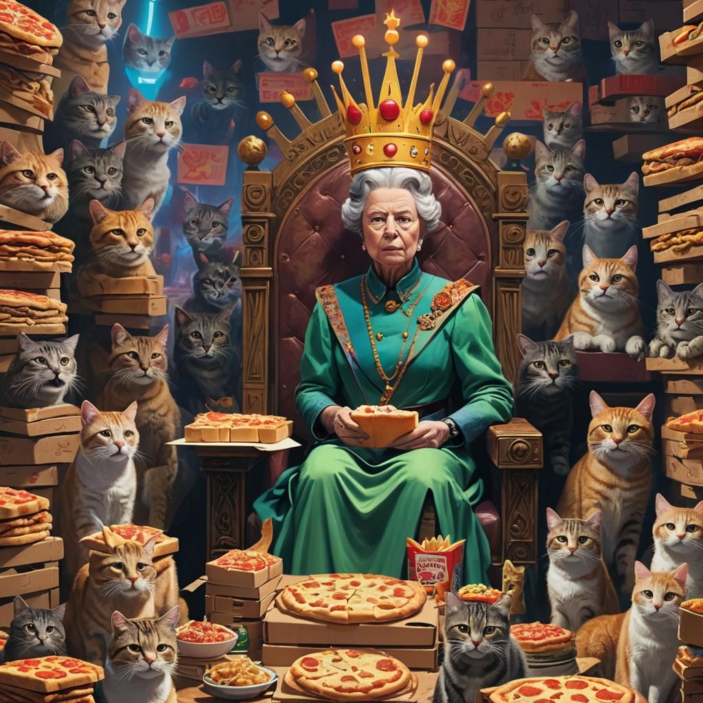 Queen on Pizza Throne with Cats: Fantasy Art
