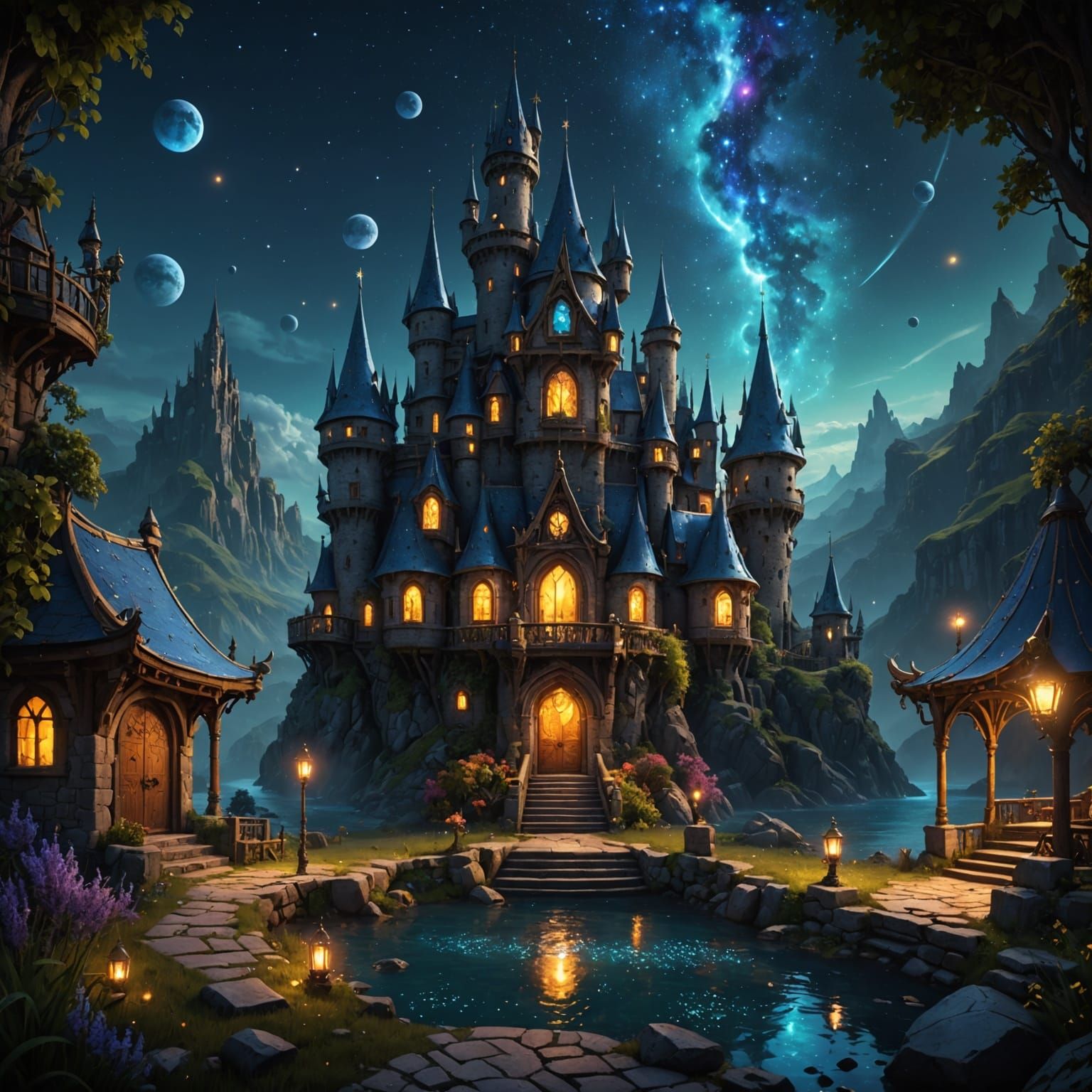 Fantastical Nighttime Scene in Storybook Style
