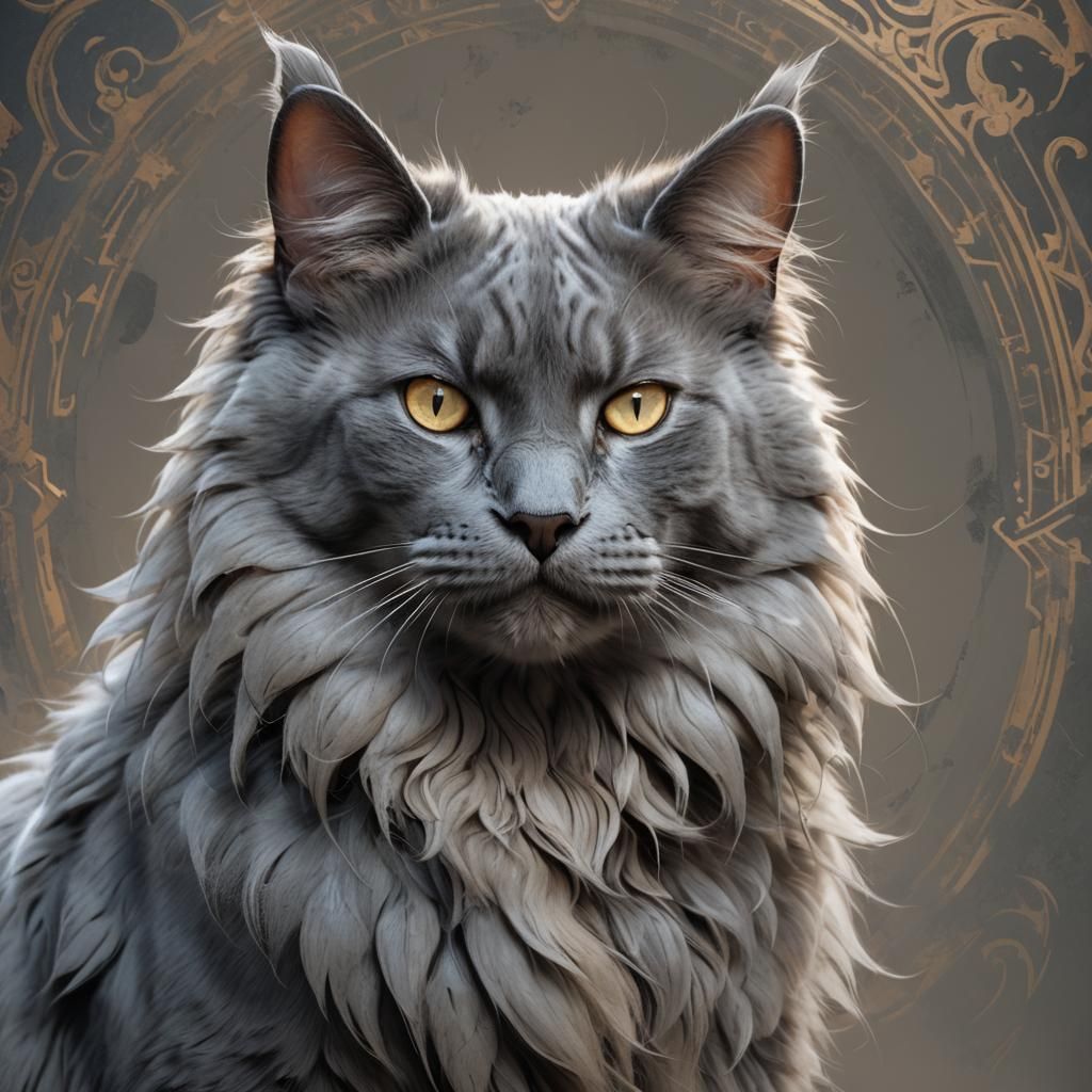Warrior Nebelung Cat Portrait in Hyperdetailed Style