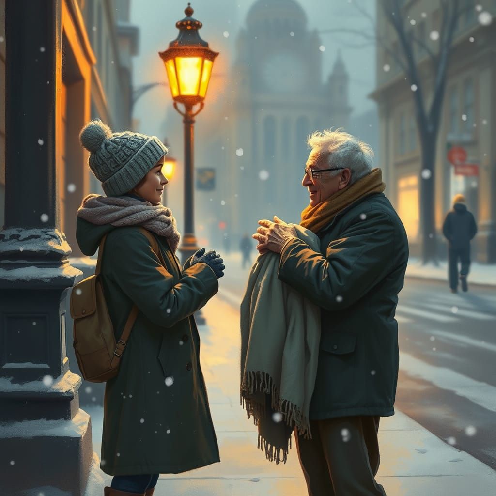 Compassionate Encounter in Snowy City Street