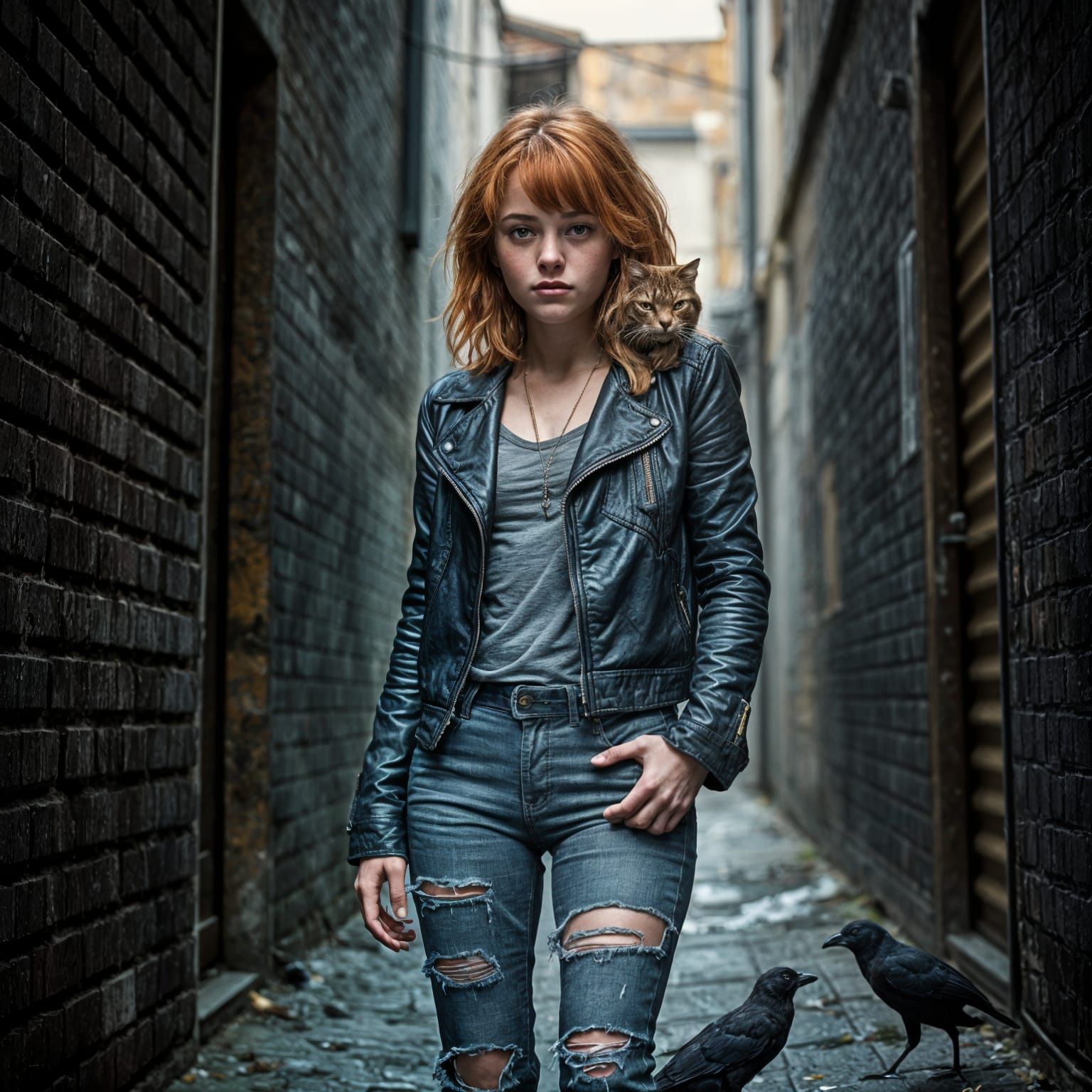 Redhead with Cat and Crow in Alley