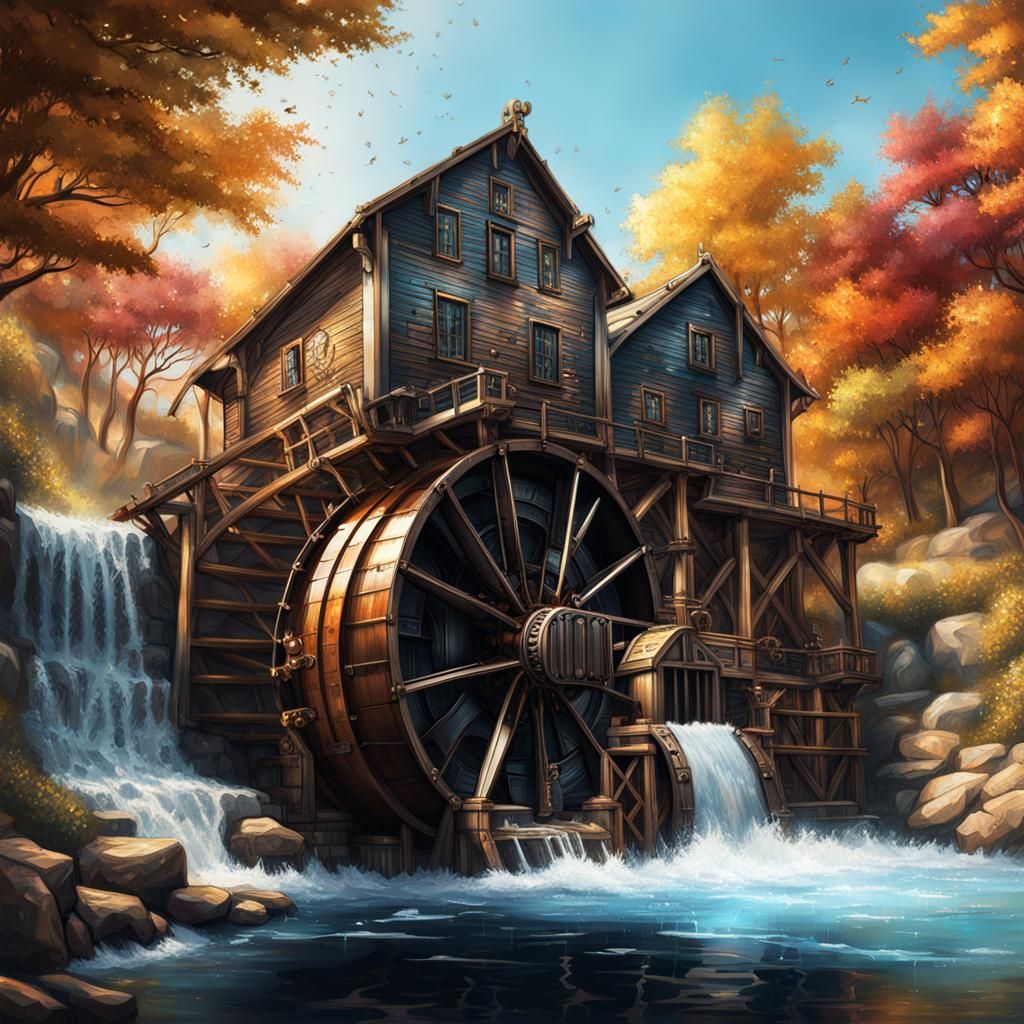 Hyperrealistic Steampunk Water Mill Concept Art