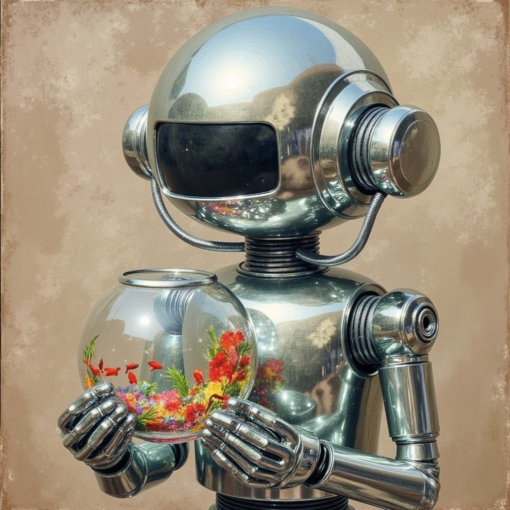 Cute Robot Holding a Fishbowl in Gouache Style