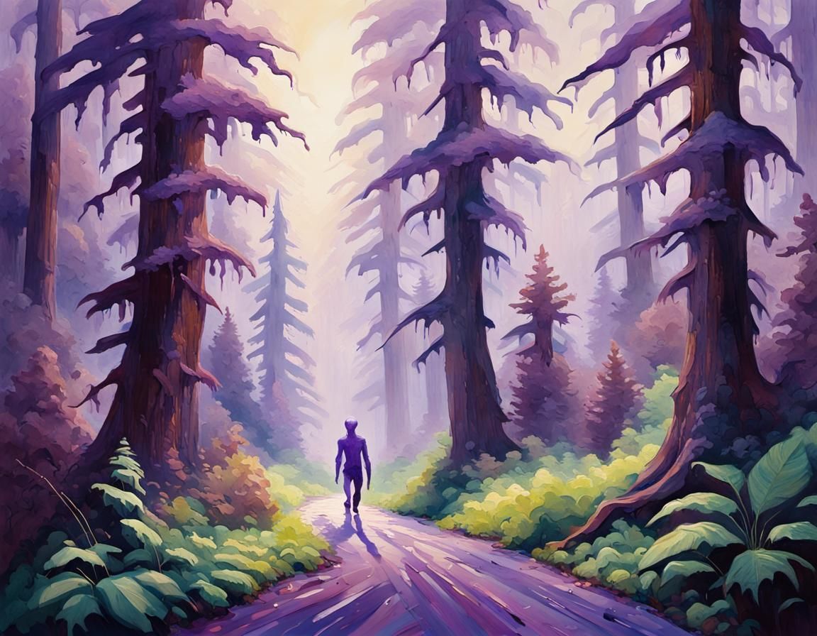 Alien in Purple Forest: Gouache Impressionist Painting
