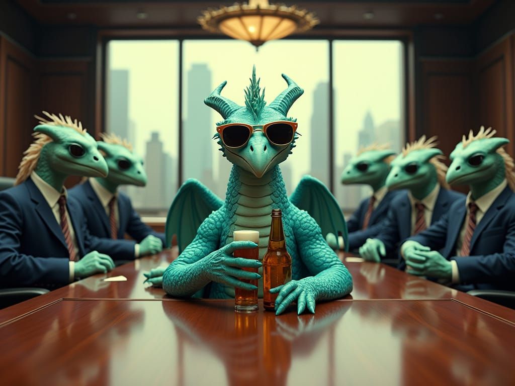 Turquoise Dragon Sips Beer in Corporate Boardroom