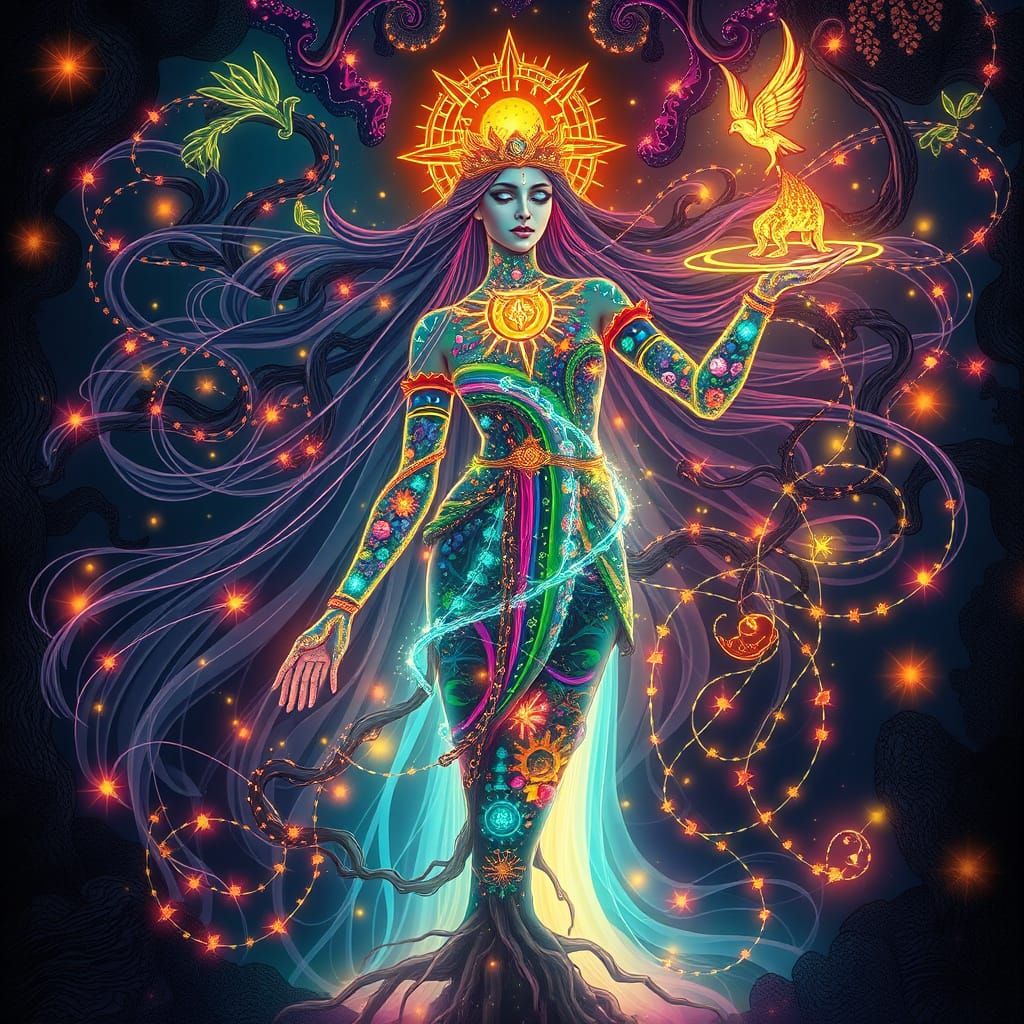 Surreal Goddess Embodies Seasonal Sovereignty in Vibrant Fan...