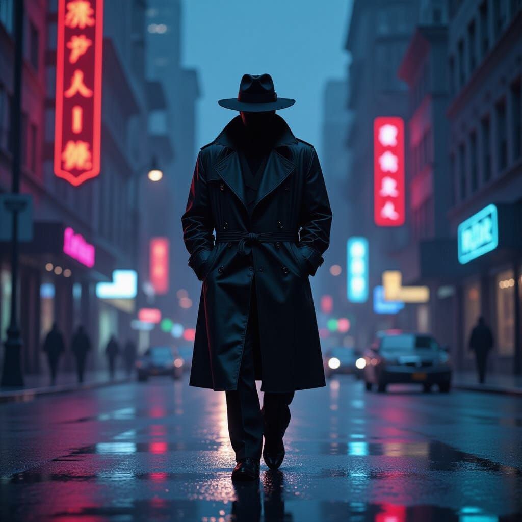 Noir Detective in Retro-Futuristic Cityscape
