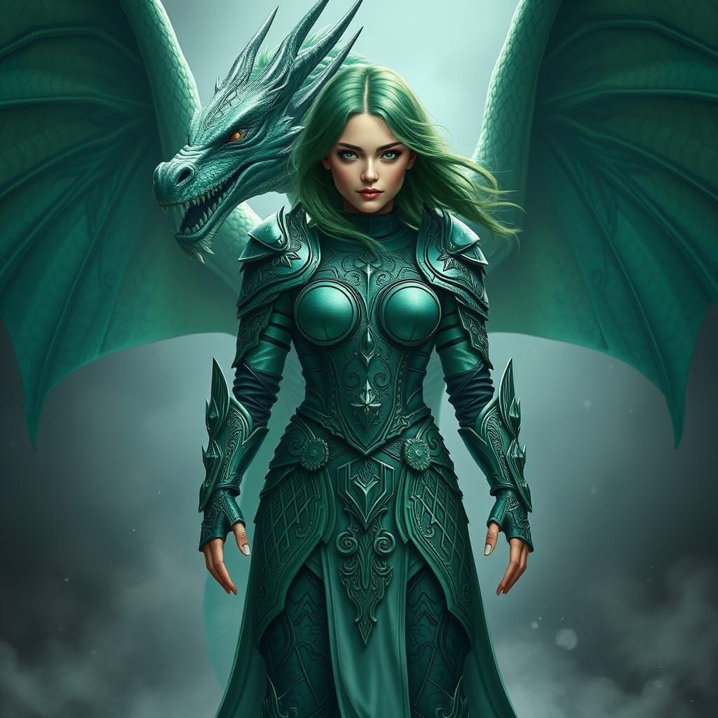 Fantasy Warrior in Green Armor, Surrounded by a Majestic Gre...