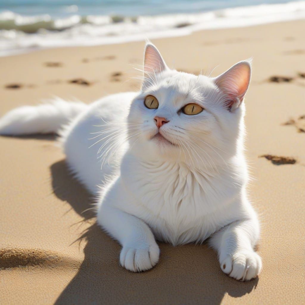 Cat Lounging on a Sunny Golden Beach