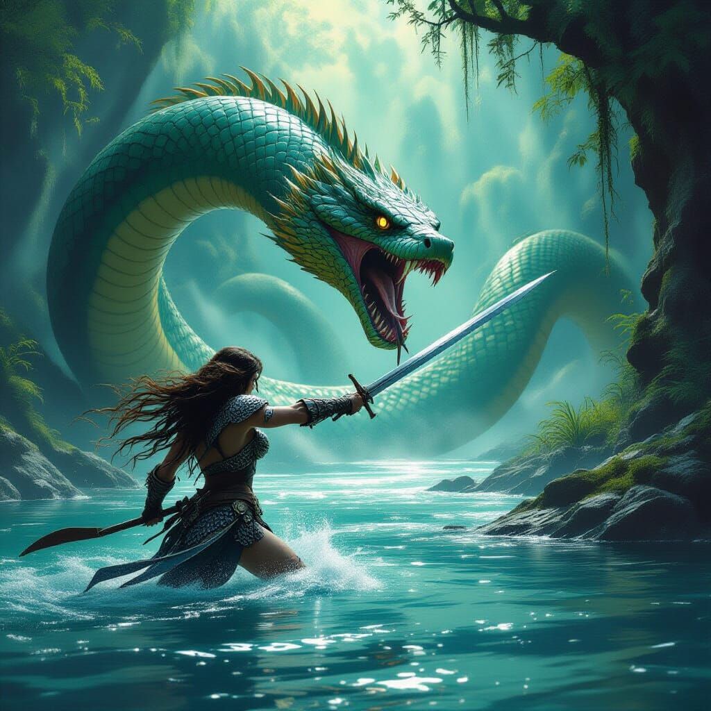 Red Sonja Battles Giant Serpent in River - Cinematic Fantasy...