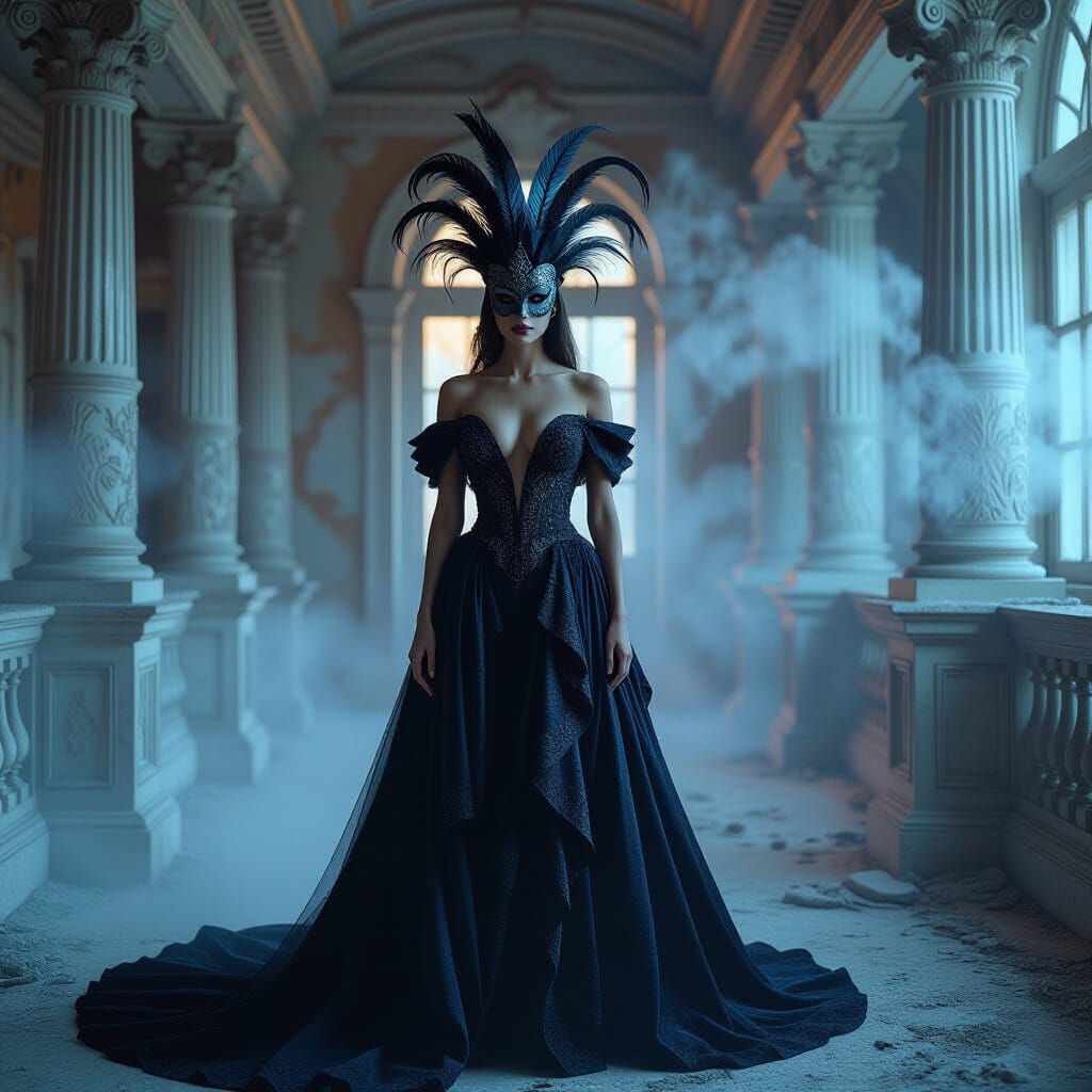 Woman in Harpy Mask in Surreal Ballroom, Neo-Classical Style