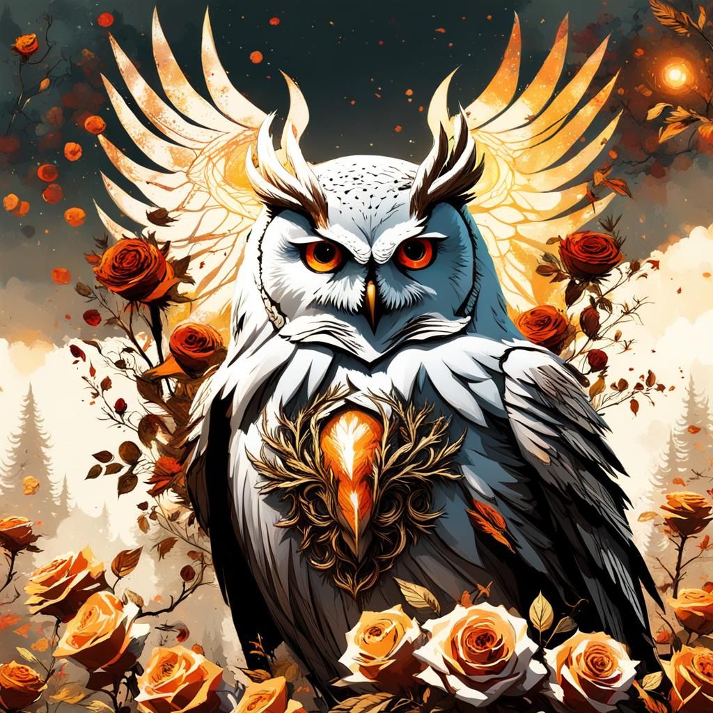 Enchanted Owl in Autumnal Forest, Gouache Style