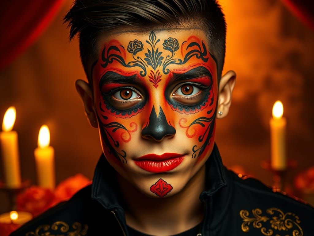 Close-Up Portrait of Boy with Sugar Skull Face Paint