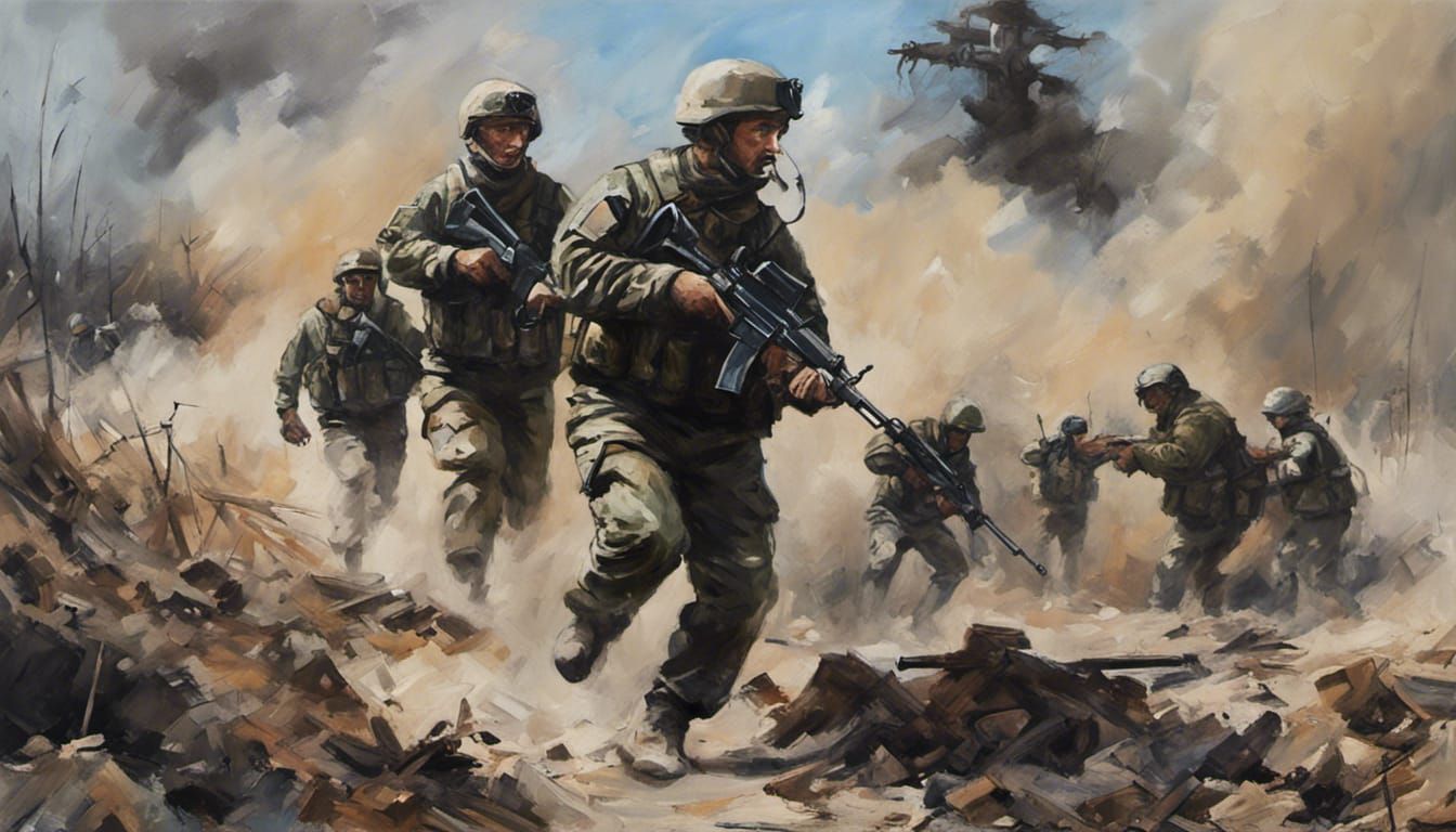 Ukrainian Forces Counterattack in Dynamic Oil Painting